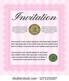 Pink Formal invitation. With guilloche pattern. Vector illustration. Nice design. 