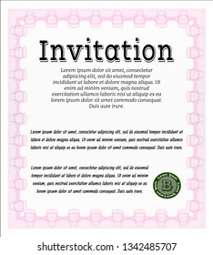 Pink Formal invitation. With guilloche pattern and background. Nice design. Vector illustration. 