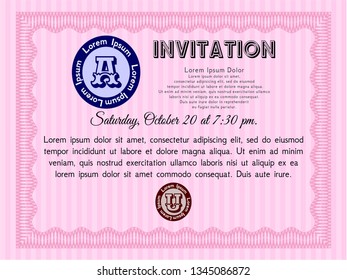 Pink Formal invitation. With guilloche pattern and background. Vector illustration. Money style design. 