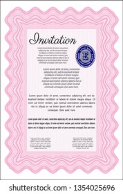 Pink Formal invitation. With guilloche pattern and background. Customizable, Easy to edit and change colors. Retro design. 