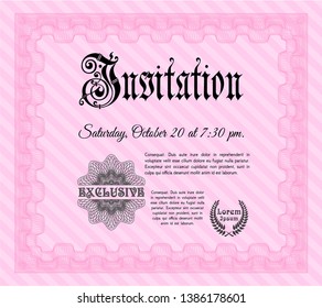 Pink Formal invitation. With guilloche pattern and background. Vector illustration. Money design. 
