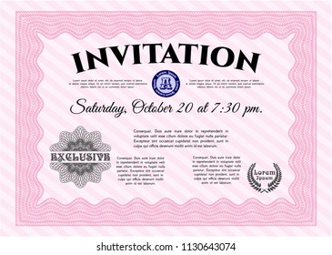 Pink Formal invitation. Lovely design. With complex background. Detailed. 