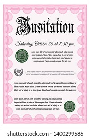 Pink Formal invitation. Money style design. With complex background. Vector illustration. 