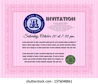 Pink Formal invitation. Retro design. Detailed. With great quality guilloche pattern. 