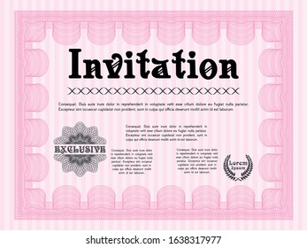 Pink Formal invitation. Sophisticated design. Vector illustration. With guilloche pattern and background. 