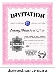 Pink Formal invitation template. With background. Excellent design. Detailed. 