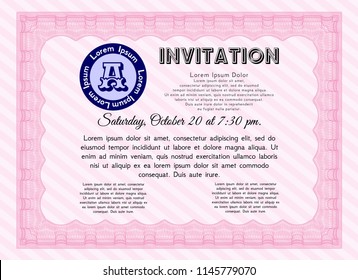 Pink Formal invitation template. With complex linear background. Money Pattern design. Vector illustration. 
