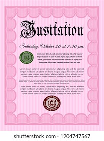 Pink Formal invitation template. With complex linear background. Customizable, Easy to edit and change colors. Good design. 