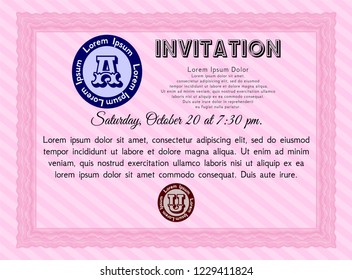 Pink Formal invitation template. With complex background. Retro design. Vector illustration. 