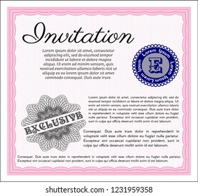 Pink Formal invitation template. With complex background. Vector illustration. Money design. 