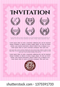 Pink Formal invitation template. With complex linear background. Customizable, Easy to edit and change colors. Cordial design. 
