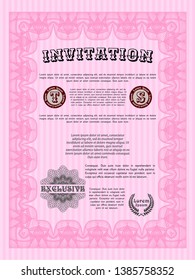 Pink Formal invitation template. With complex background. Lovely design. Detailed. 