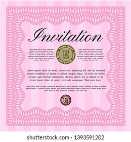 Pink Formal invitation template. With complex linear background. Detailed. Retro design. 