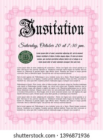 Pink Formal invitation template. With complex linear background. Vector illustration. Money Pattern design. 