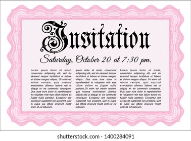 Pink Formal invitation template. With complex background. Detailed. Elegant design. 