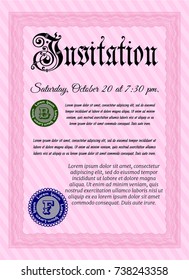 Pink Formal invitation template. With complex background. Vector illustration. Money Pattern. 