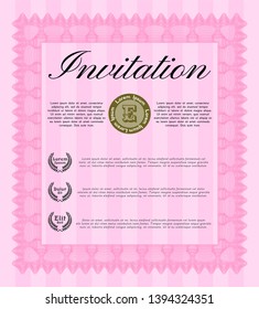 Pink Formal invitation template. Cordial design. Vector illustration. With complex linear background. 