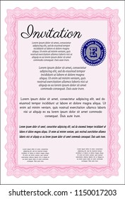 Pink Formal invitation template. Detailed. With guilloche pattern. Good design. 