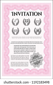 Pink Formal invitation template. Detailed. With guilloche pattern and background. Modern design. 