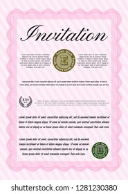 Pink Formal invitation template. Detailed. With background. Money Pattern design. 