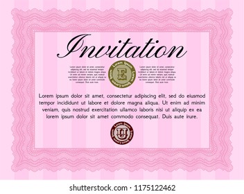 Pink Formal invitation template. Elegant design. Vector illustration. With great quality guilloche pattern. 