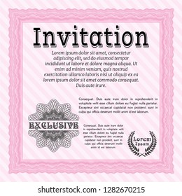 Pink Formal invitation template. Good design. Detailed. With guilloche pattern. 