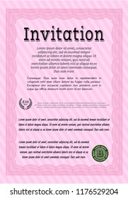 Pink Formal invitation template. With guilloche pattern and background. Money Pattern. Vector illustration. 