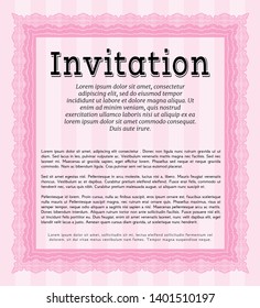 Pink Formal invitation template. With guilloche pattern. Detailed. Beauty design. 