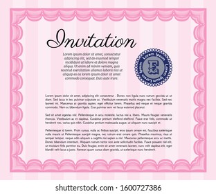 Pink Formal invitation template. With guilloche pattern. Nice design. Detailed. 