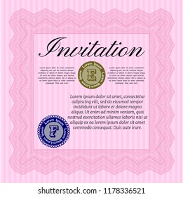 Pink Formal invitation template. With linear background. Detailed. Nice design. 