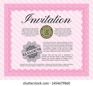 Pink Formal invitation template. With linear background. Sophisticated design. Detailed. 