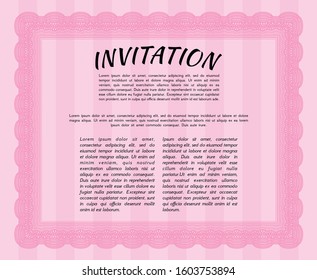 Pink Formal invitation template. Modern design. With great quality guilloche pattern. Vector illustration. 