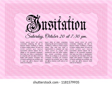 Pink Formal invitation template. Money style design. Detailed. Printer friendly. 
