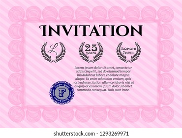 Pink Formal invitation template. Money Pattern design. Vector illustration. With background. 