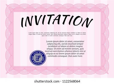 Pink Formal invitation template. Nice design. Customizable, Easy to edit and change colors. With complex linear background. 
