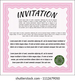  Pink Formal invitation template. Printer friendly. Lovely design. Vector illustration. 
