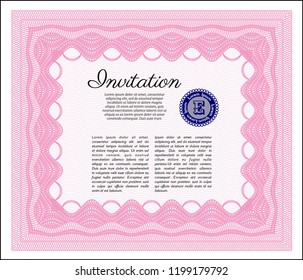 Pink Formal invitation template. Retro design. Detailed. With linear background. 