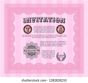 Pink Formal invitation template. Retro design. Detailed. With complex linear background. 