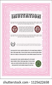 Pink Formal invitation template. Vector illustration. With great quality guilloche pattern. Modern design. 