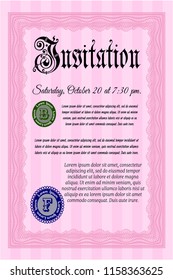 Pink Formal invitation template. Vector illustration. Printer friendly. Money Pattern design. 