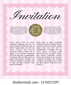 Pink Formal invitation template. Vector illustration. With guilloche pattern and background. Superior design. 