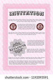 Pink Formal invitation template. Vector illustration. With guilloche pattern. Lovely design. 