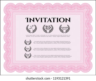 Pink Formal invitation template. Vector illustration. With great quality guilloche pattern. Good design. 