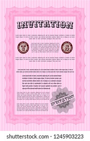 Pink Formal invitation template. Vector illustration. With complex linear background. Lovely design. 