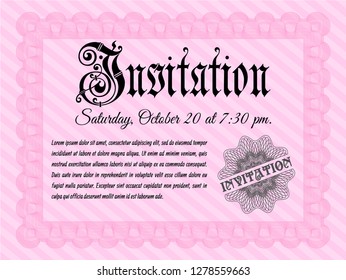 Pink Formal invitation template. Vector illustration. With great quality guilloche pattern. Elegant design. 