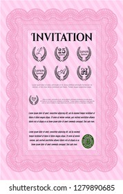 Pink Formal invitation template. Vector illustration. Easy to print. Retro design. 