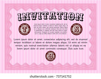 Pink Formal invitation template. Vector illustration. With guilloche pattern. Artistry design. 