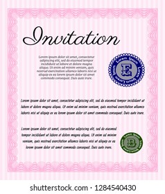 Pink Formal invitation. Vector illustration. With guilloche pattern. Retro design. 