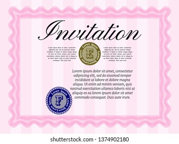 Pink Formal invitation. Vector illustration. With guilloche pattern. Lovely design. 