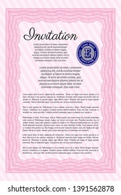 Pink Formal invitation. Vector illustration. Printer friendly. Cordial design. 